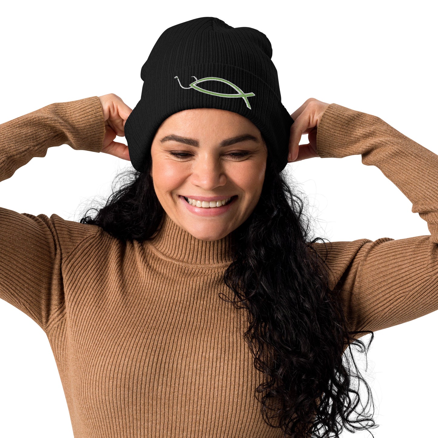 " Christian fish with circle hook " Organic ribbed beanie