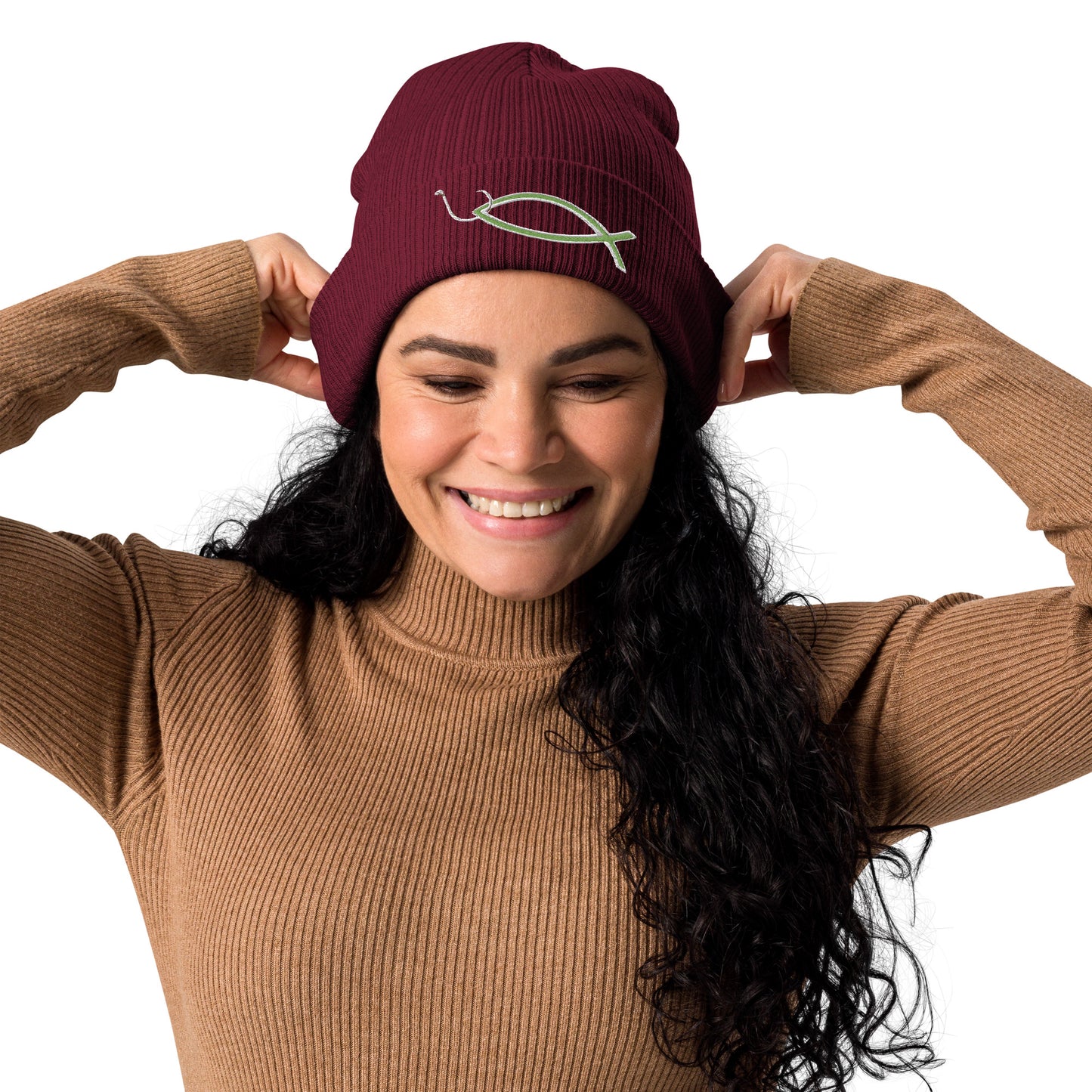 " Christian fish with circle hook " Organic ribbed beanie