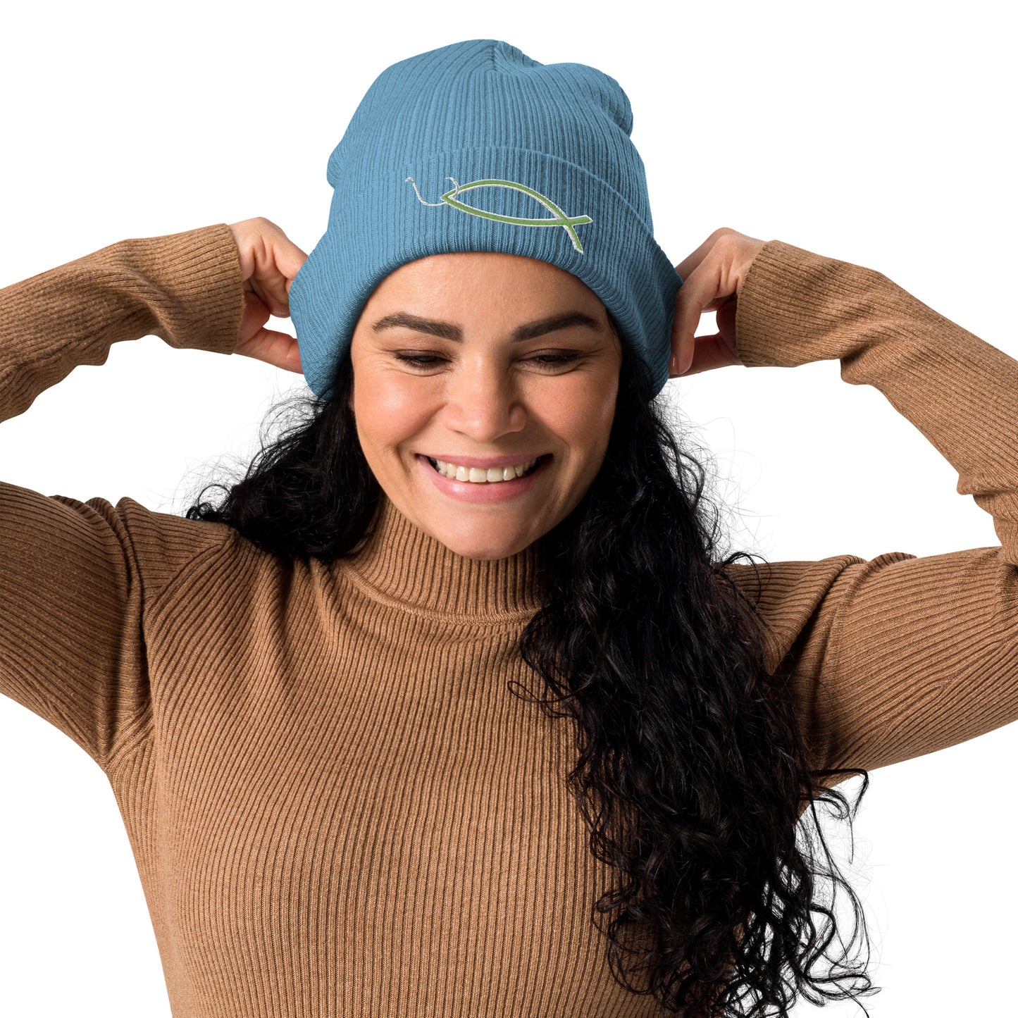 " Christian fish with circle hook " Organic ribbed beanie