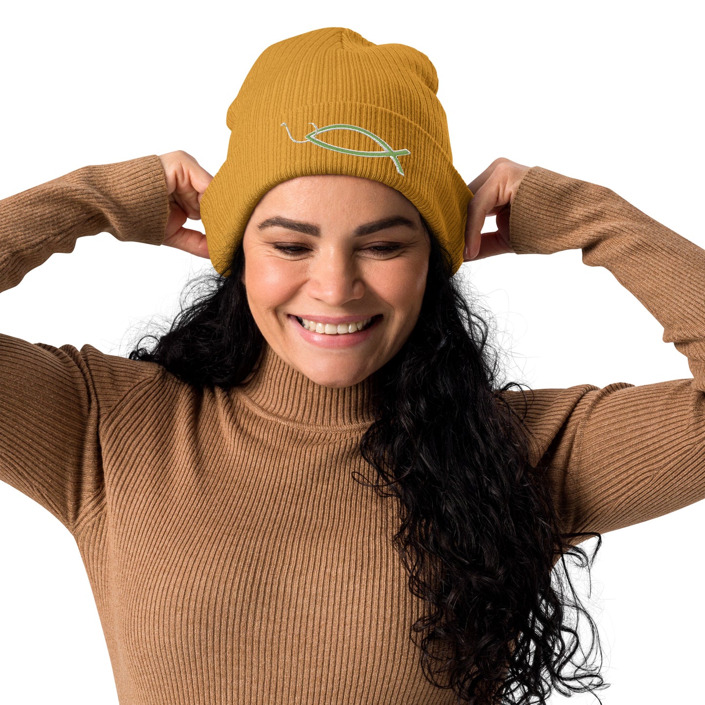 " Christian fish with circle hook " Organic ribbed beanie